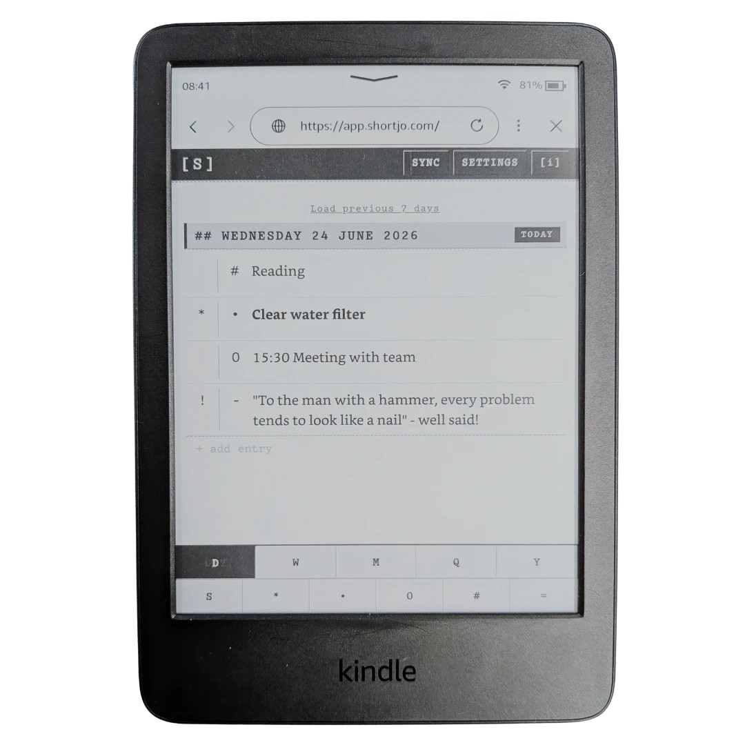 ShortJo running on a Kindle e-reader