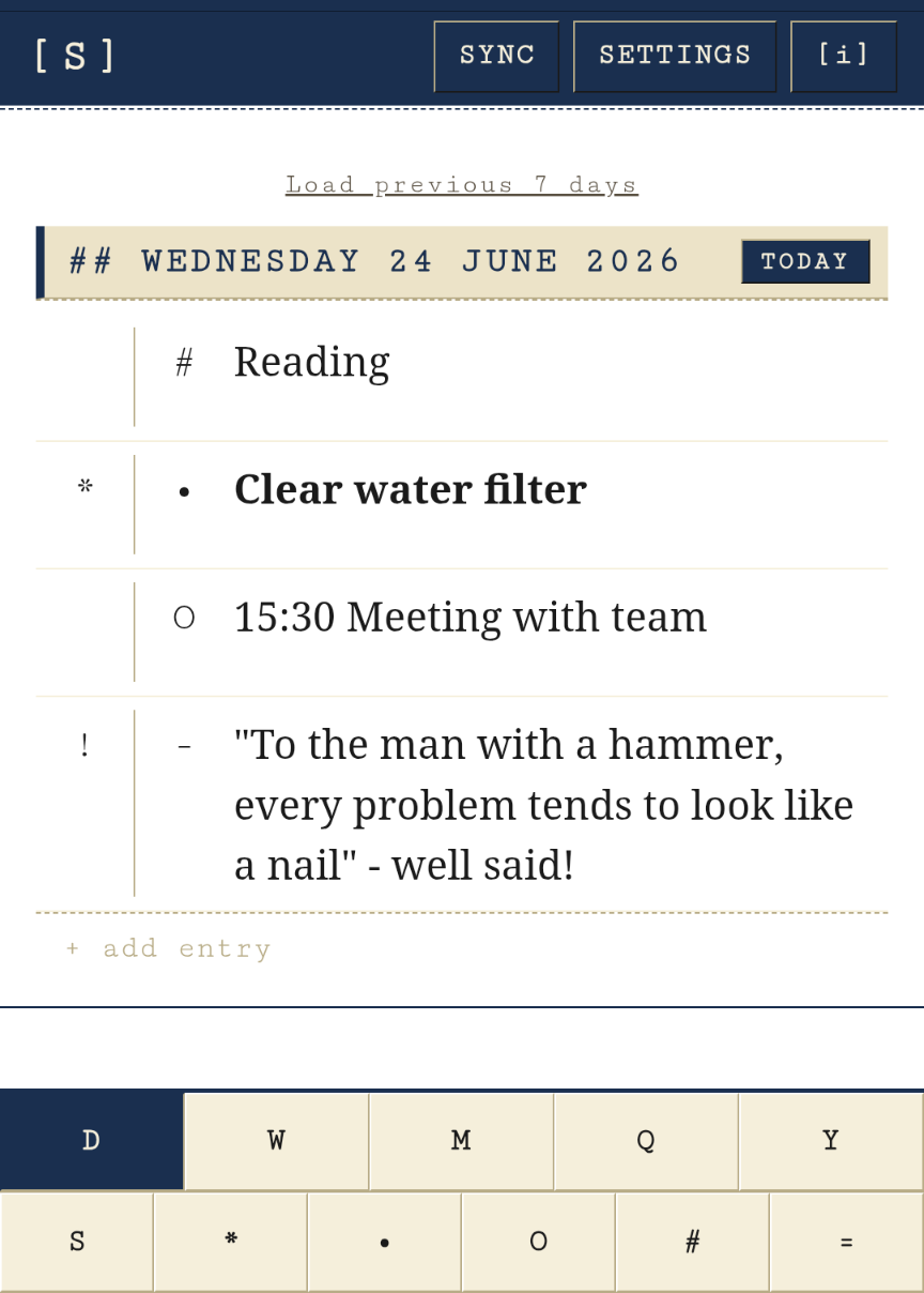 ShortJo app showing today's journal entries